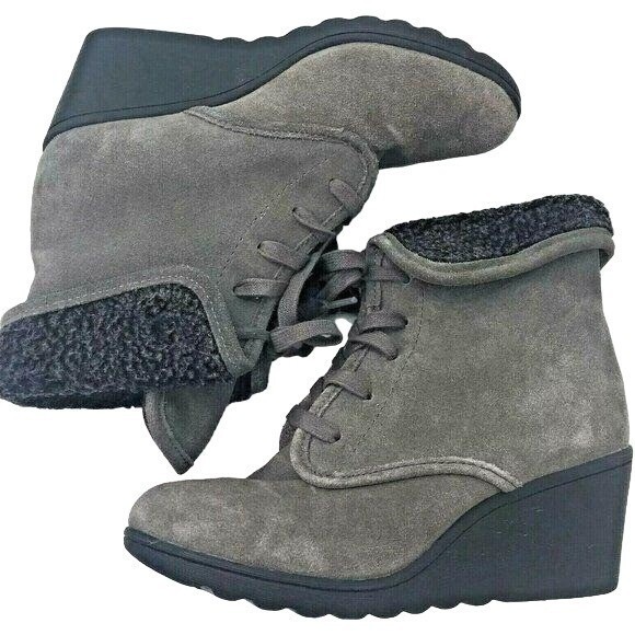 White Mountain Koko Suede Wedge Ankle Boots Booties 8 Charcoal Gray Sherpa Lined